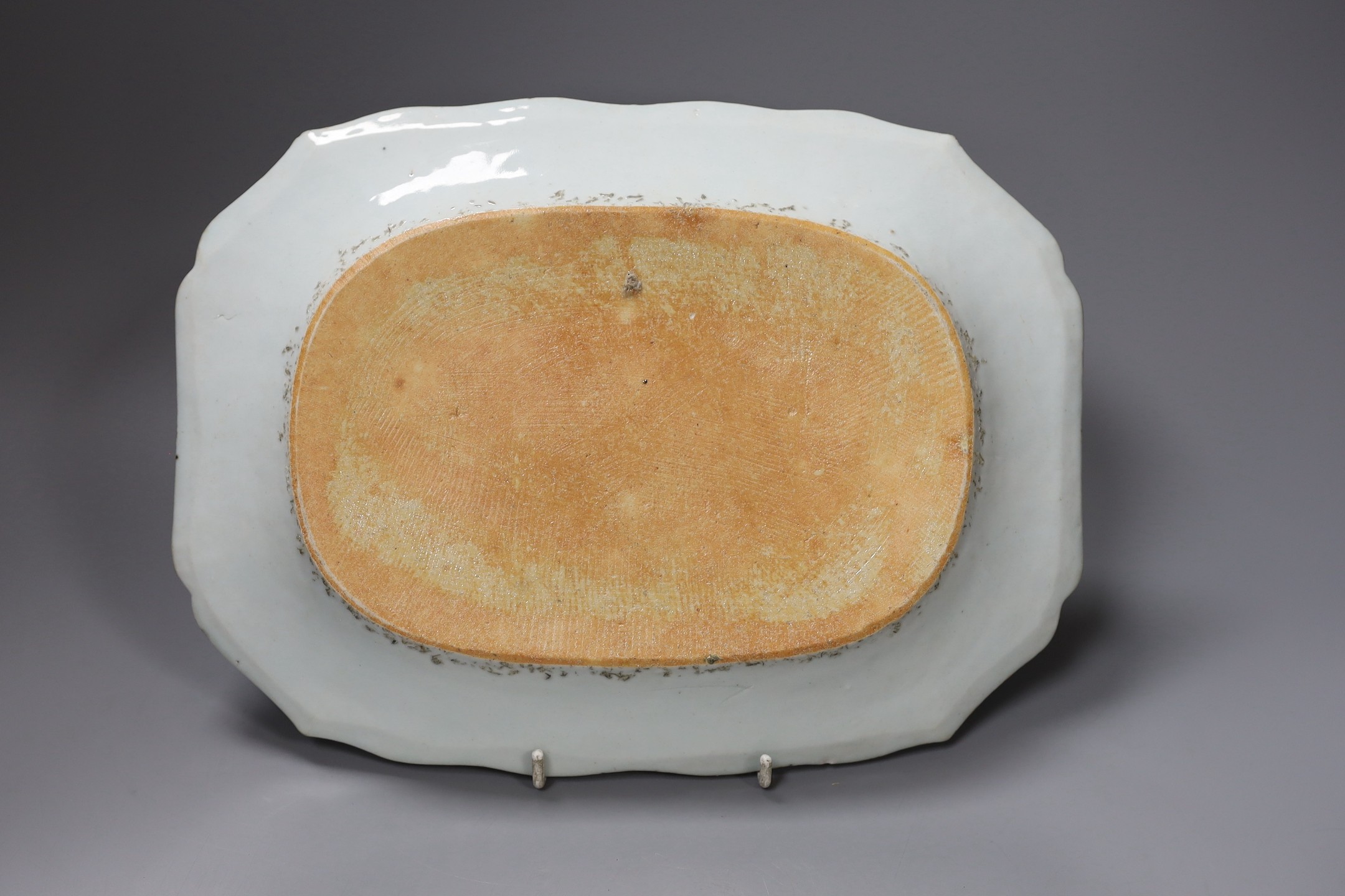 An 18th century Chinese export octagonal famille rose dish, 30cm long